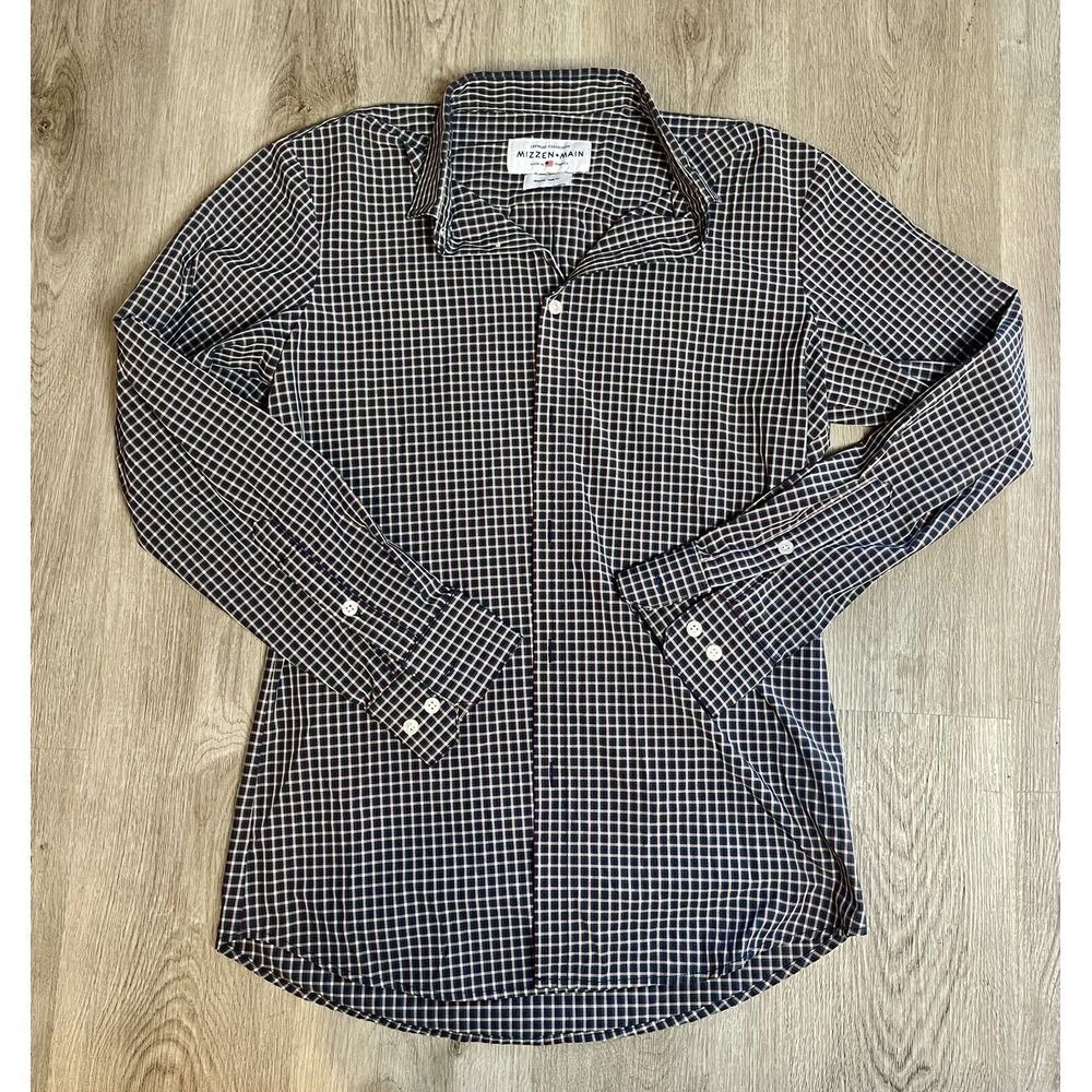 Mizzen Main Shirt Mens Medium‎ Gingham Check Preppy Trim Slim Button Polyester